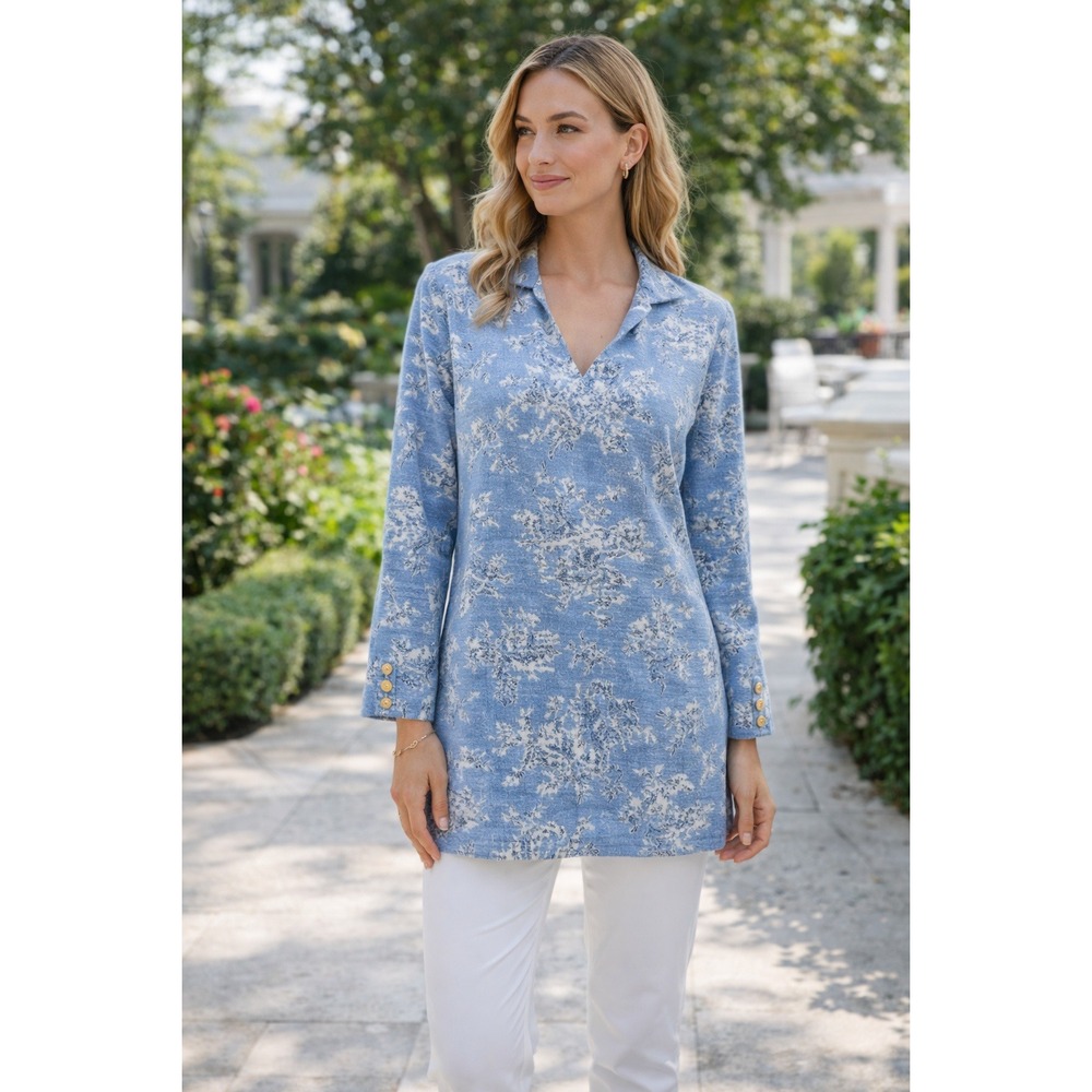 B‎ The Collection Toile Print Tapestry Tunic Top Gold Bee Buttons Blue L